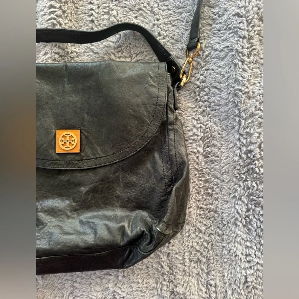 TORY BURCH Distressed Black Leather Crossbody Bag